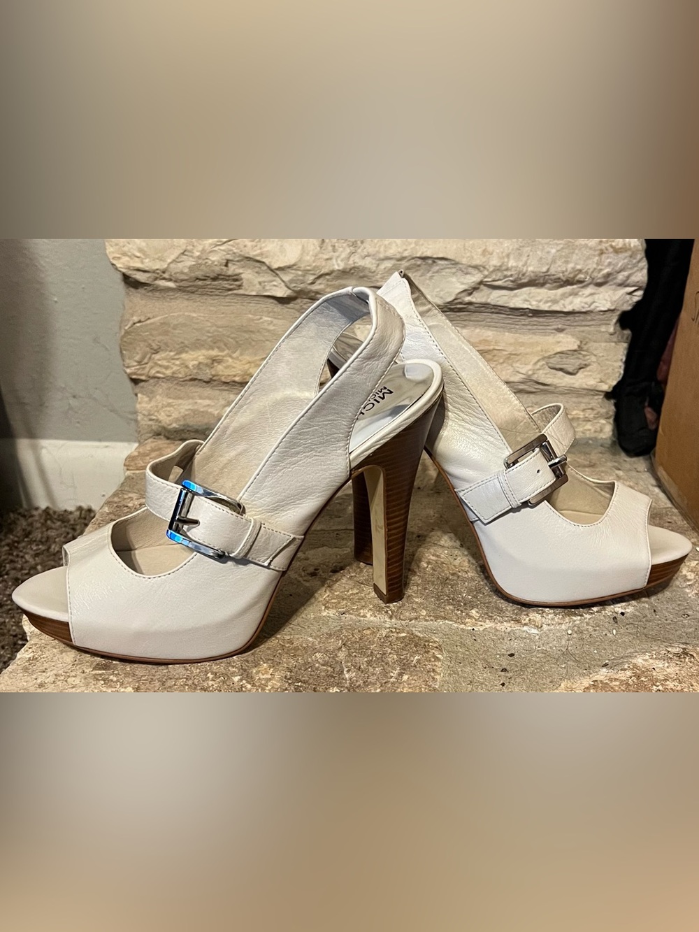 White Peep-Toe Slingback Heels with Buckle